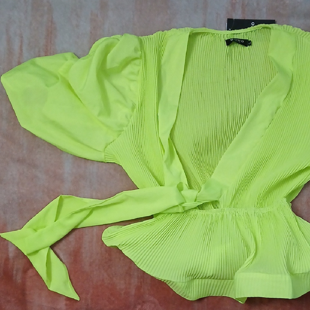 Vibrant Yellow Green Peplum Tie Front Short Sleeve Blouse